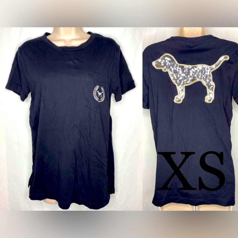 Black Victoria Secret PINK Sequin Dog Campus Pocket Tee